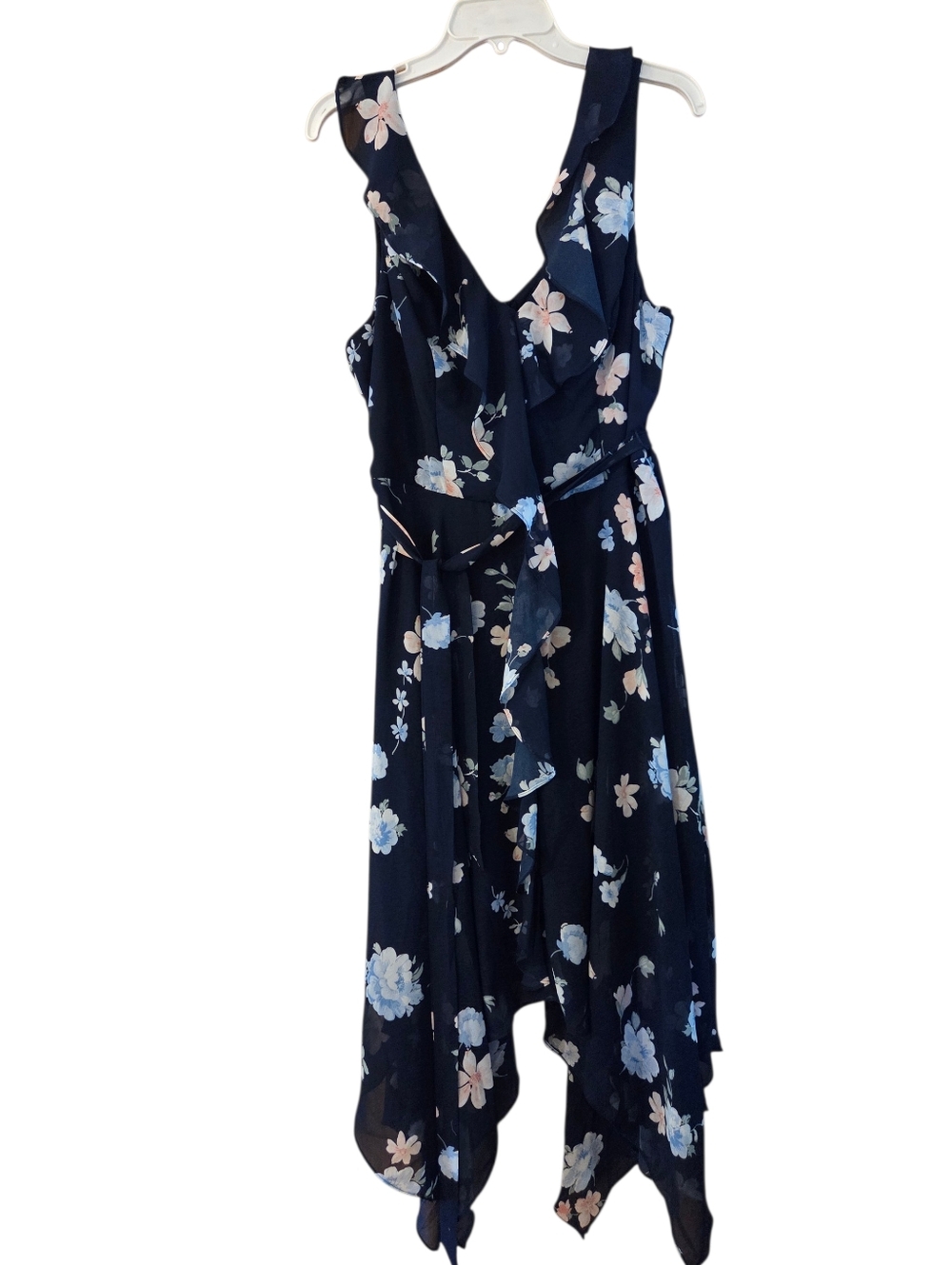 Premier Amour Navy Floral Sharkbite Hem Faux Wrap Ruffled Size Plus 14